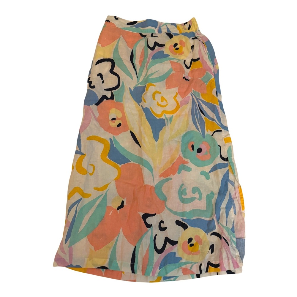 Rachel Zoe Linen Midi Skirt Womens S Multi Color Floral Print Excellent Slit